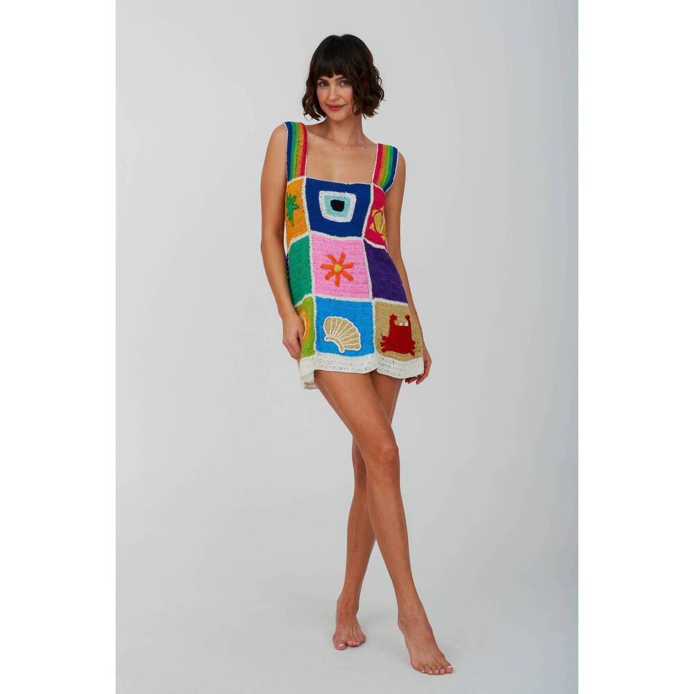 NEW PITUSA crochet patchwork mini dress in multicolor